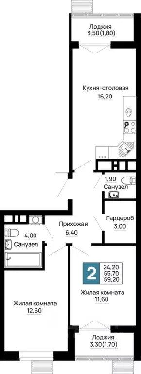 2-к кв. Адыгея, Тахтамукайский район, Яблоновский пгт  (59.2 м) - Фото 1