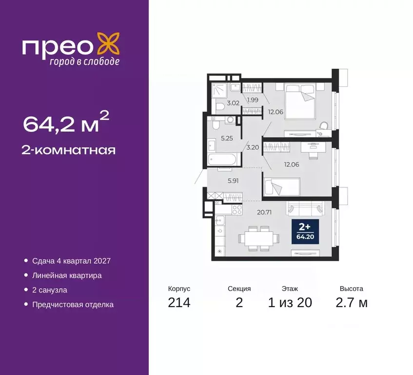 2-к кв. Тюменская область, Тюмень Тюменская Слобода мкр, Прео жилой ... - Фото 1