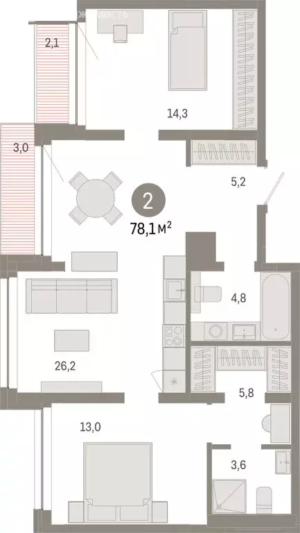 2-комнатная квартира: Тюмень, улица Муравленко, 9/2 (78.08 м) - Фото 1