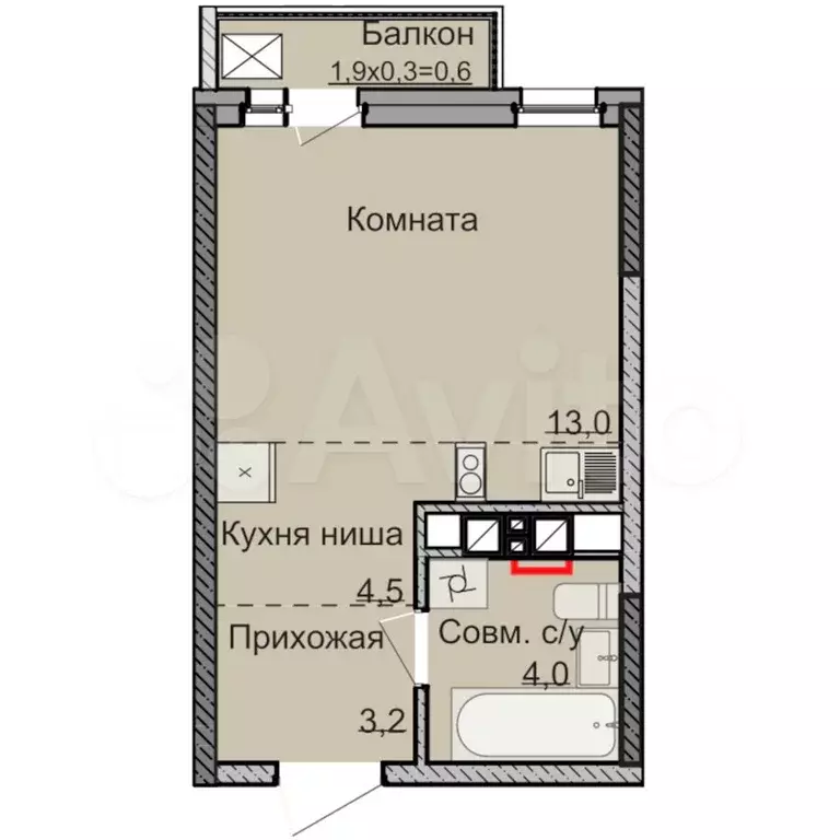 Квартира-студия, 24,7 м, 2/18 эт. - Фото 0