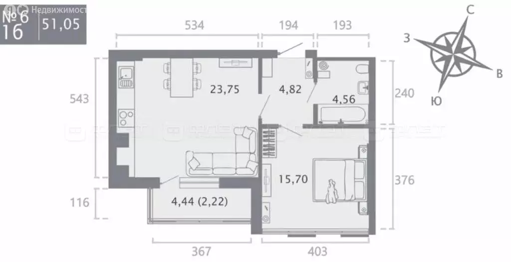 1-комнатная квартира: Казань, улица Касаткина, 23 (49.6 м) - Фото 0