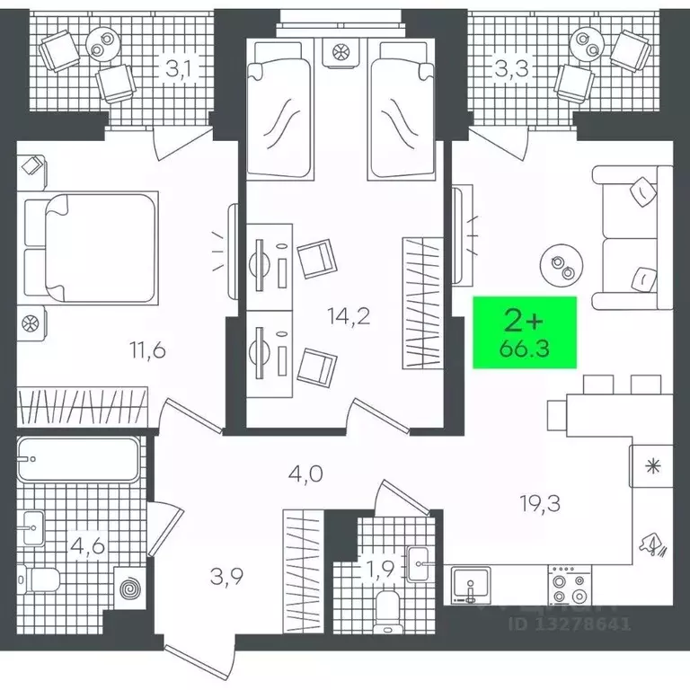 2-к кв. Тюменская область, Тюмень ул. Василия Малкова, 19 (66.38 м) - Фото 0