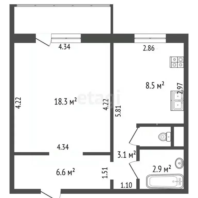 1-к кв. Челябинская область, Челябинск ул. Агалакова, 28 (40.5 м) - Фото 2