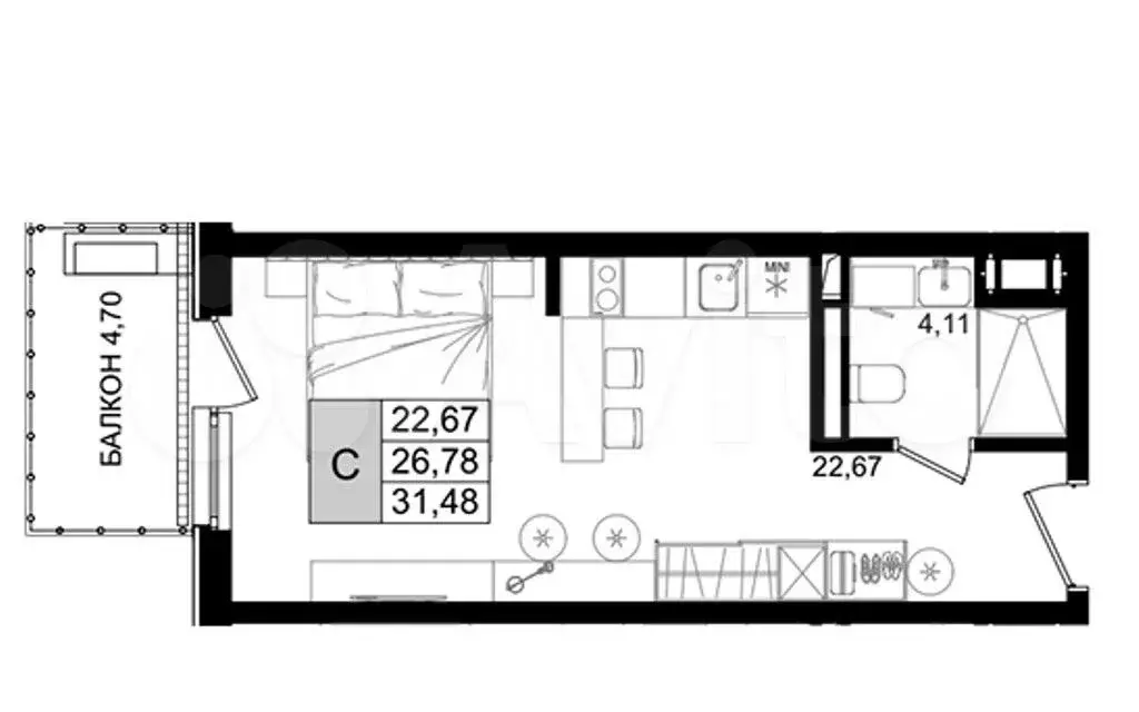 Апартаменты-студия, 31,5 м, 8/8 эт. - Фото 0