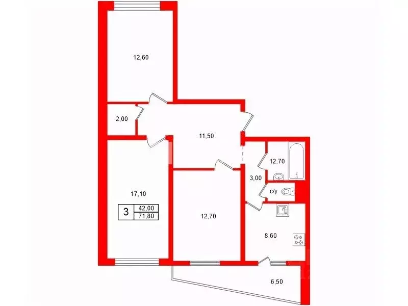 3-к кв. Санкт-Петербург Пулковское ш., 26к7 (71.8 м) - Фото 1
