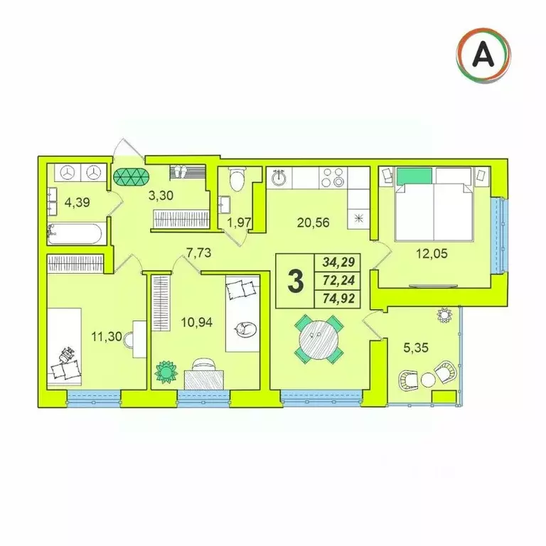 3-к кв. Калужская область, Калуга Зеленый жилой комплекс (74.92 м) - Фото 1