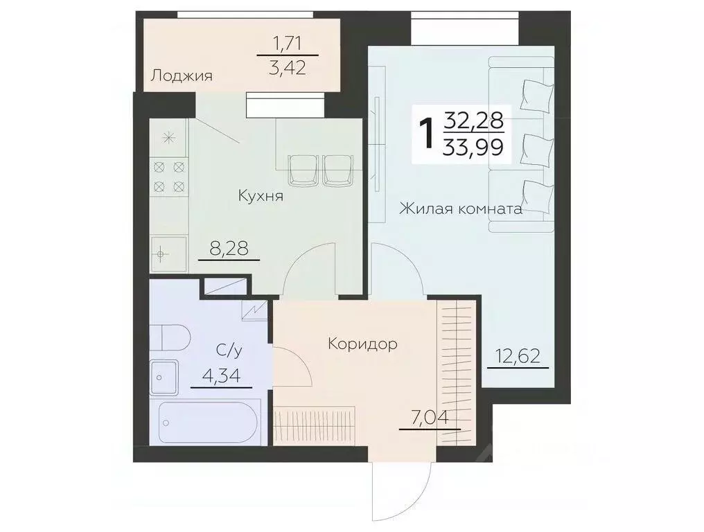 1-к кв. Воронежская область, Воронеж Ленинградская ул., 29Б (33.99 м) - Фото 0