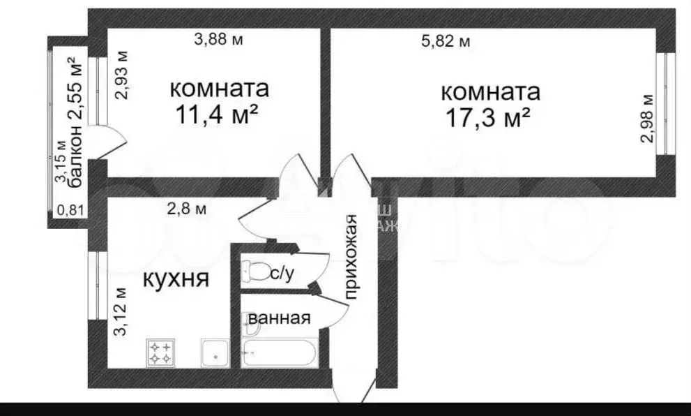 2-к. квартира, 43,8 м, 4/5 эт. - Фото 0