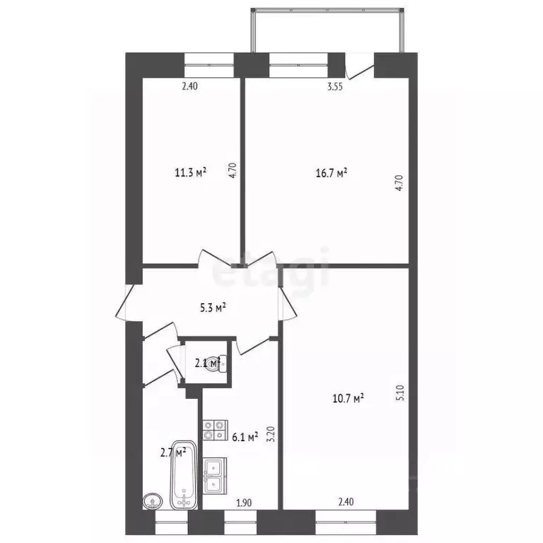 3-к кв. Татарстан, Альметьевск ул. Клары Цеткин, 29А (55.0 м) - Фото 1
