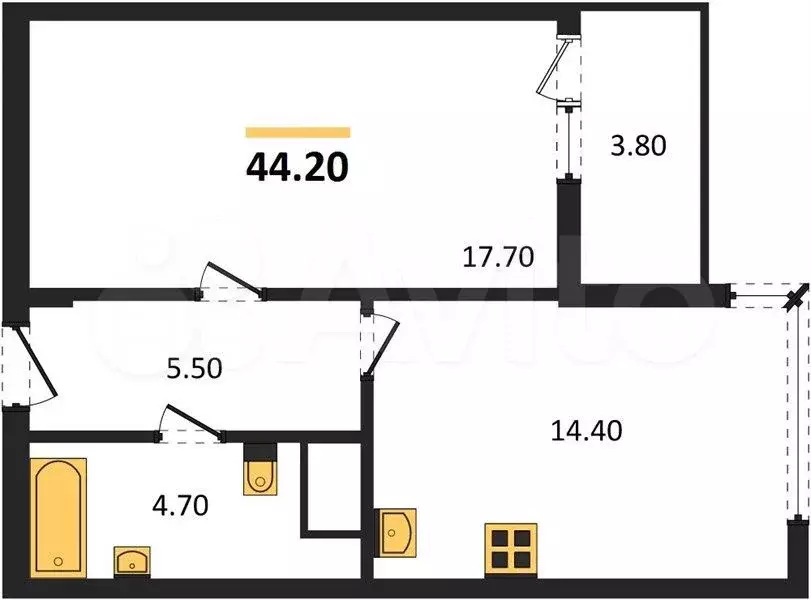 1-к. квартира, 44,2 м, 4/4 эт. - Фото 1
