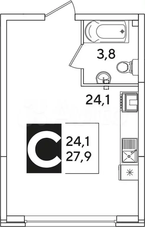 Квартира-студия, 27,9 м, 1/16 эт. - Фото 1