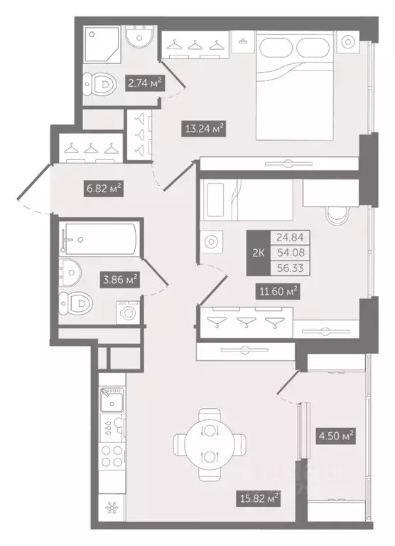 2-к кв. Санкт-Петербург Кирилловская ул., 11 (56.33 м) - Фото 0
