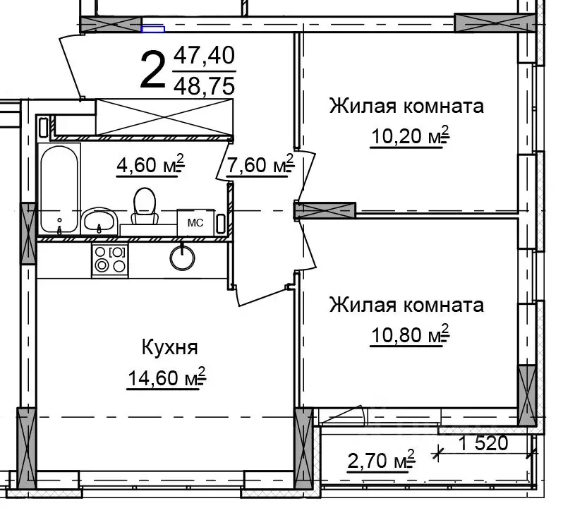 2-к кв. Нижегородская область, Нижний Новгород 52-й кв-л,  (48.75 м) - Фото 0