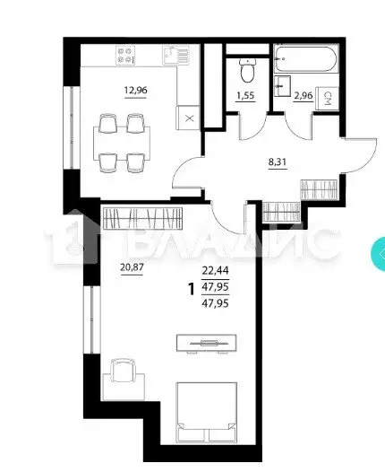 1-комнатная квартира: Белгород, улица Квасова (47.95 м) - Фото 1