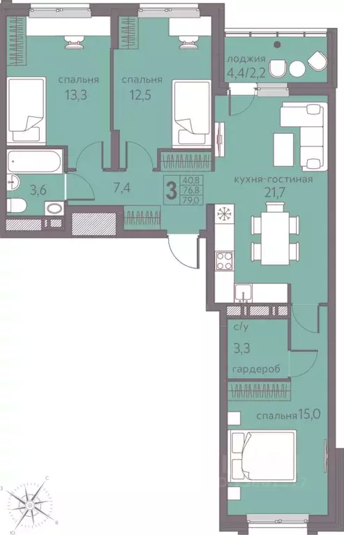 3-к кв. Пермский край, Пермь ул. Серебристая, 5 (79.0 м) - Фото 1