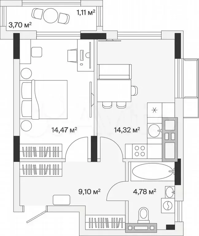 1-к. квартира, 44,2 м, 5/7 эт. - Фото 1