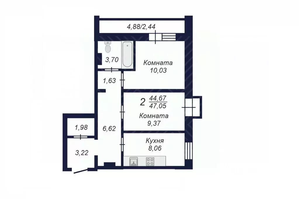 2-к кв. Челябинская область, Челябинск Заручейный кв-л,  (47.05 м) - Фото 1