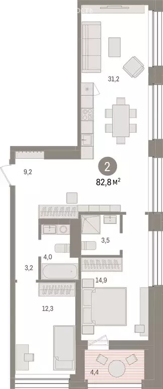 2-комнатная квартира: Тюмень, улица Муравленко, 9/2 (82.76 м) - Фото 1