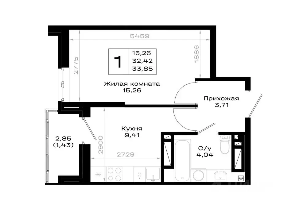 1-к кв. Ростовская область, Ростов-на-Дону Нефтекачка кв-л,  (33.85 м) - Фото 1