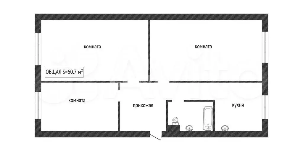 3-к. квартира, 60,7 м, 1/5 эт. - Фото 0