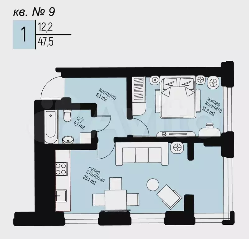 1-к. квартира, 47,5 м, 2/25 эт. - Фото 0