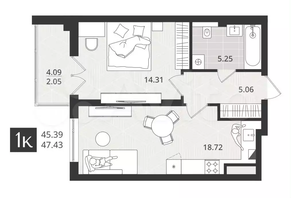 1-к. квартира, 45 м, 1/5 эт. - Фото 1