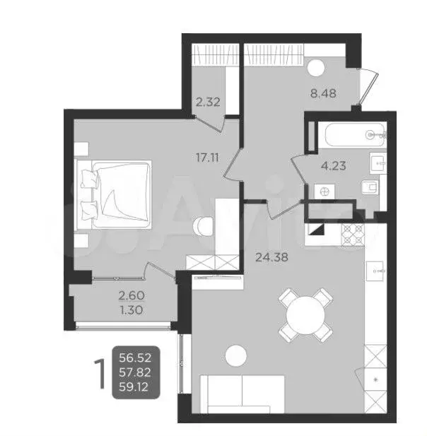 1-к. квартира, 59,1 м, 2/9 эт. - Фото 1