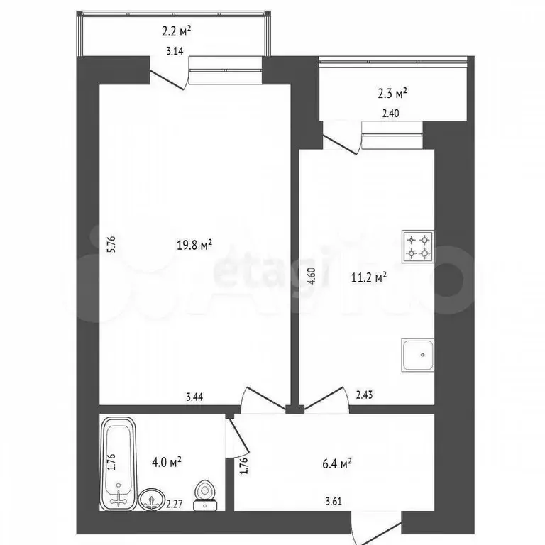 1-к. квартира, 45,9 м, 5/9 эт. - Фото 1