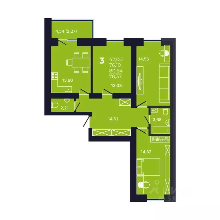 3-к кв. Башкортостан, Уфа ул. Михаила Зайцева, 8 (78.37 м) - Фото 1