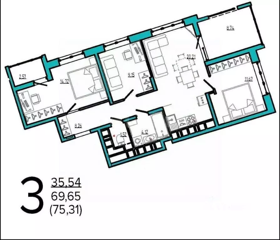 3-к кв. Брянская область, Брянск Бежицкая ул., 21Б (74.5 м) - Фото 2
