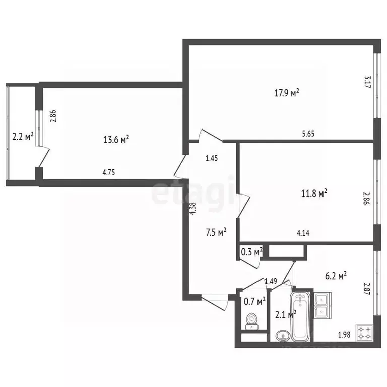 3-к кв. Санкт-Петербург Наличная ул., 45К1 (62.0 м) - Фото 2