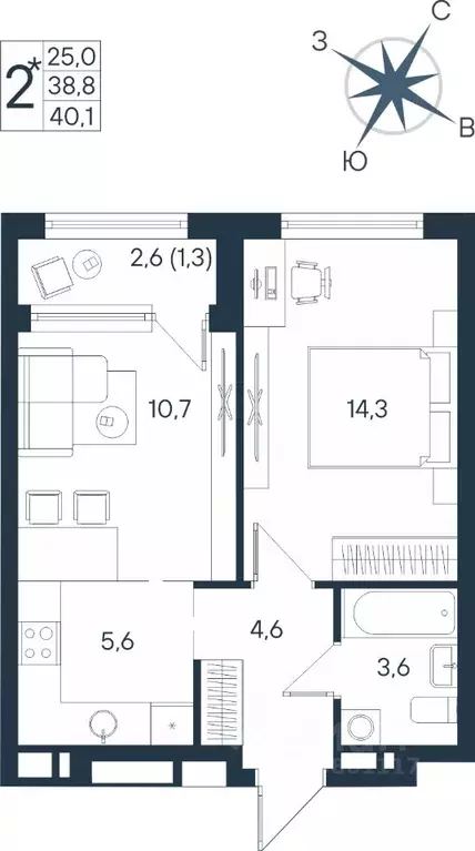 2-к кв. Пермский край, Пермь ул. Космонавта Беляева, 17 (40.1 м) - Фото 0