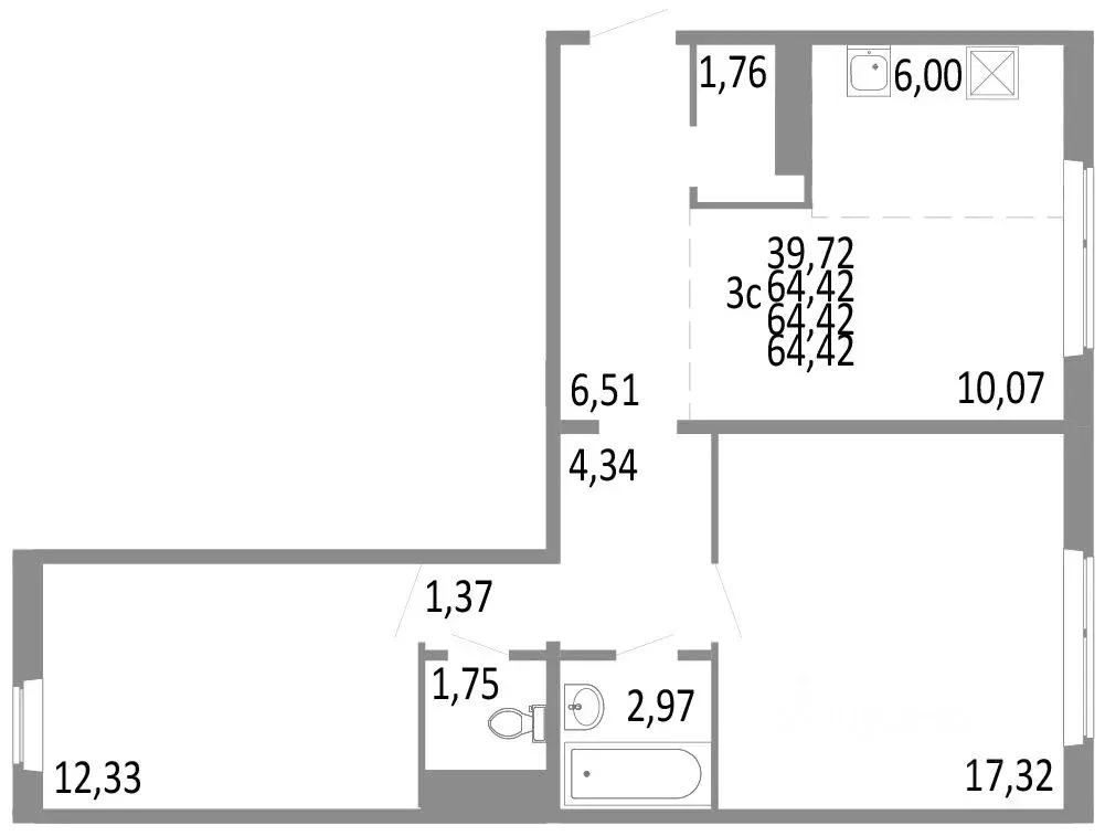3-к кв. Челябинская область, Челябинск ул. Блюхера, 125Б (64.42 м) - Фото 0