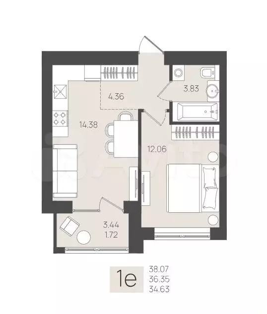 1-к. квартира, 36,4 м, 3/5 эт. - Фото 1