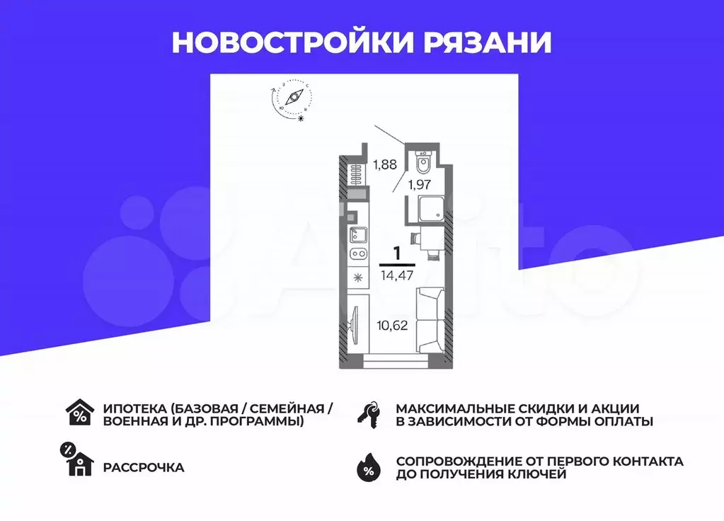 1-к. квартира, 14,5 м, 7/25 эт. - Фото 0