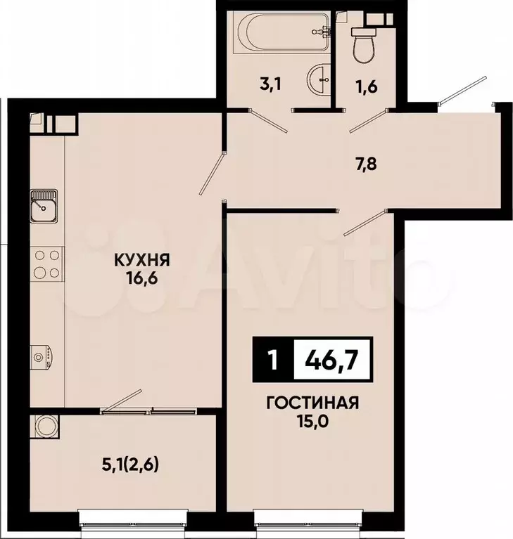 1-к. квартира, 46,7 м, 8/14 эт. - Фото 0