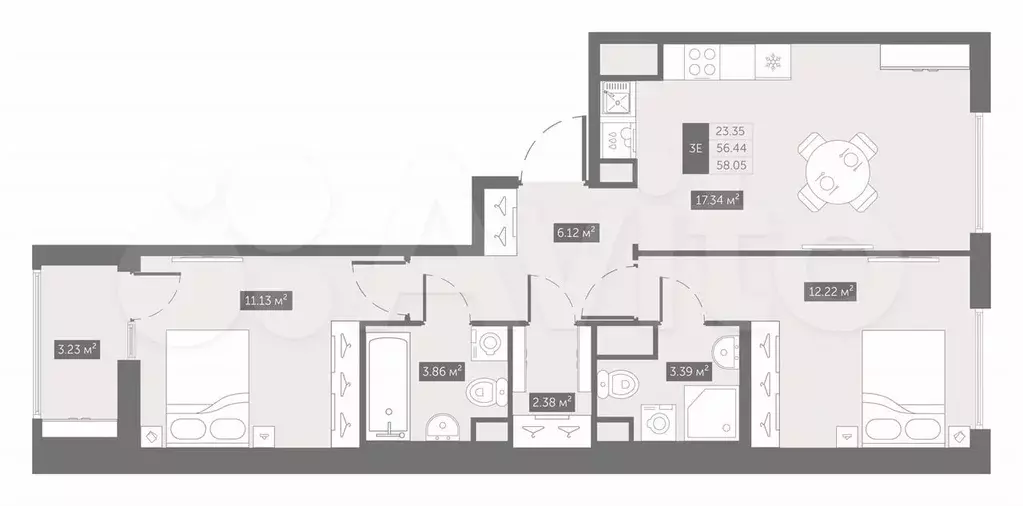 2-к. квартира, 58,1 м, 8/10 эт. - Фото 0