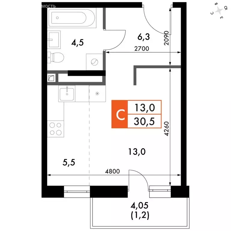 Квартира-студия: Зеленодольский район, Октябрьское сельское поселение, ... - Фото 1