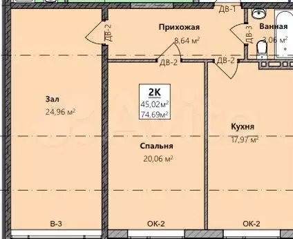 2-к. квартира, 74м, 3/8эт. - Фото 1