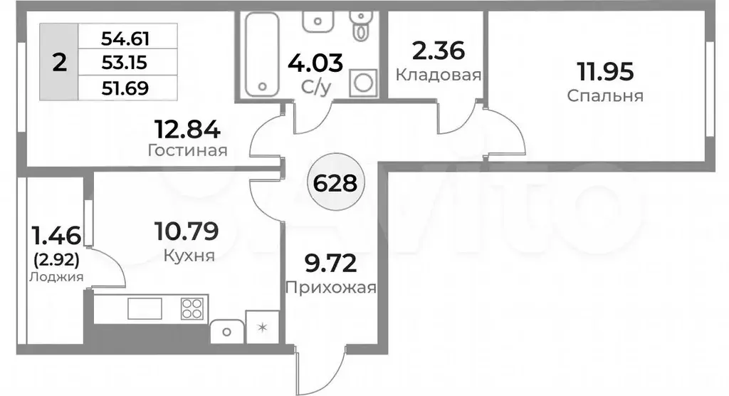 2-к. квартира, 54,6 м, 1/10 эт. - Фото 1
