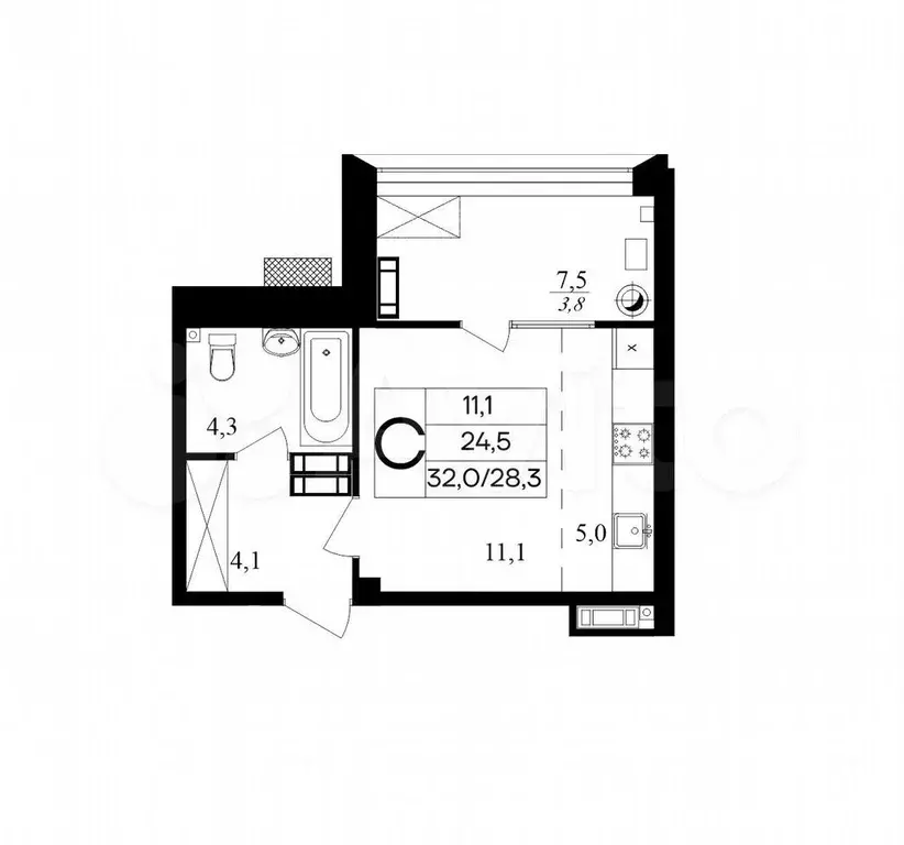 Квартира-студия, 32 м, 2/8 эт. - Фото 1