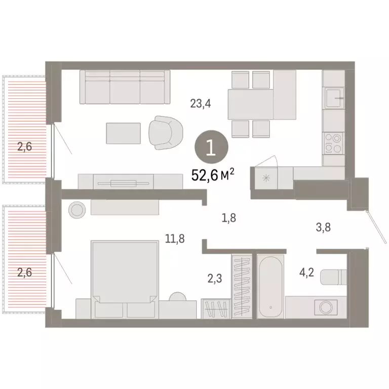 1-комнатная квартира: Тюмень, Мысовская улица, 26к2 (52.62 м) - Фото 2