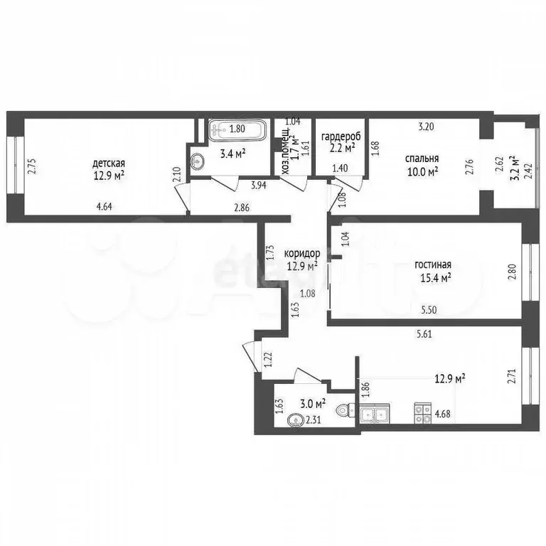 3-к. квартира, 74,1 м, 3/7 эт. - Фото 1