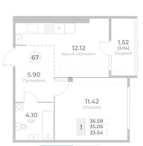 1-к. квартира, 35,1 м, 7/10 эт. - Фото 1