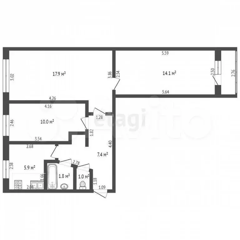 3-к. квартира, 58,9 м, 4/5 эт. - Фото 0