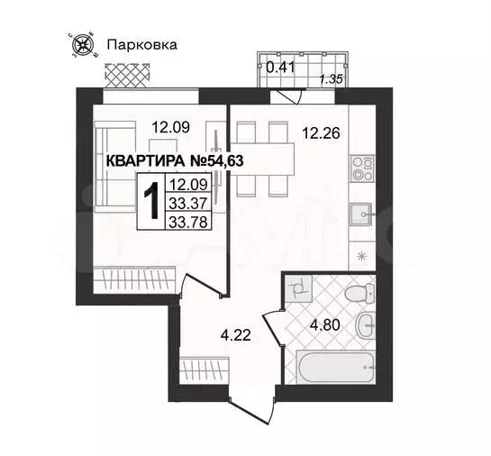 1-к. квартира, 33,8 м, 4/4 эт. - Фото 1