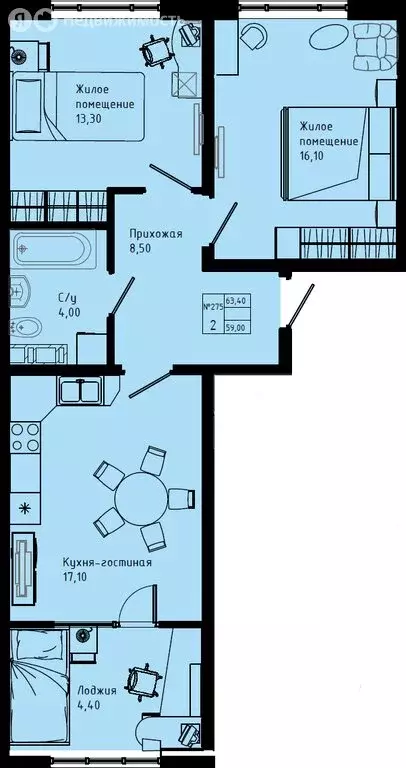 2-комнатная квартира: Коммунар, Железнодорожная улица, 41к3 (63.4 м) - Фото 1