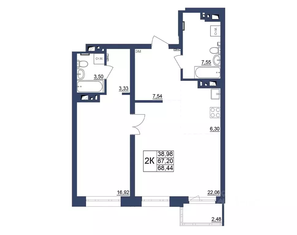 2-к кв. Башкортостан, Уфа Космос жилой комплекс, лит1 (68.44 м) - Фото 1