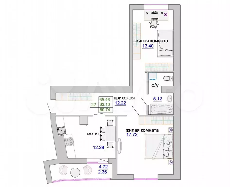 2-к. квартира, 63,6 м, 6/9 эт. - Фото 1