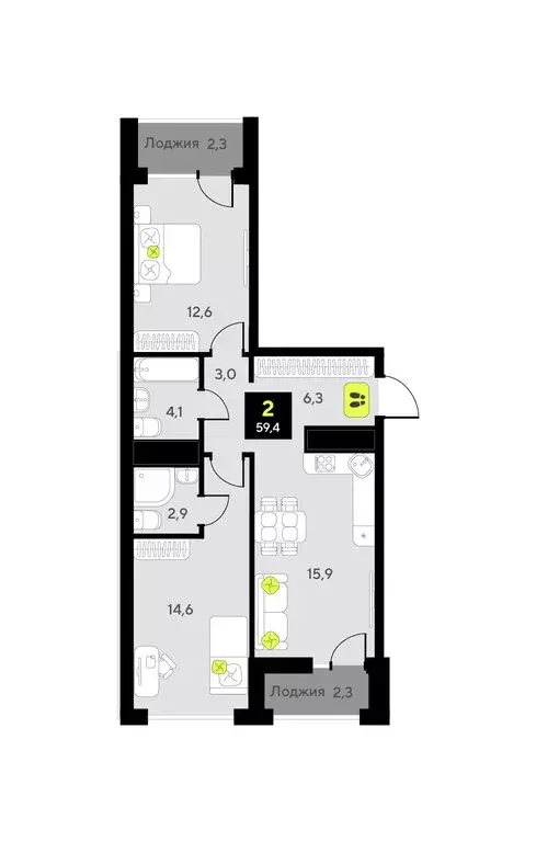 2-комнатная квартира: Тюмень, улица Первооткрывателей, 9 (59.7 м) - Фото 1